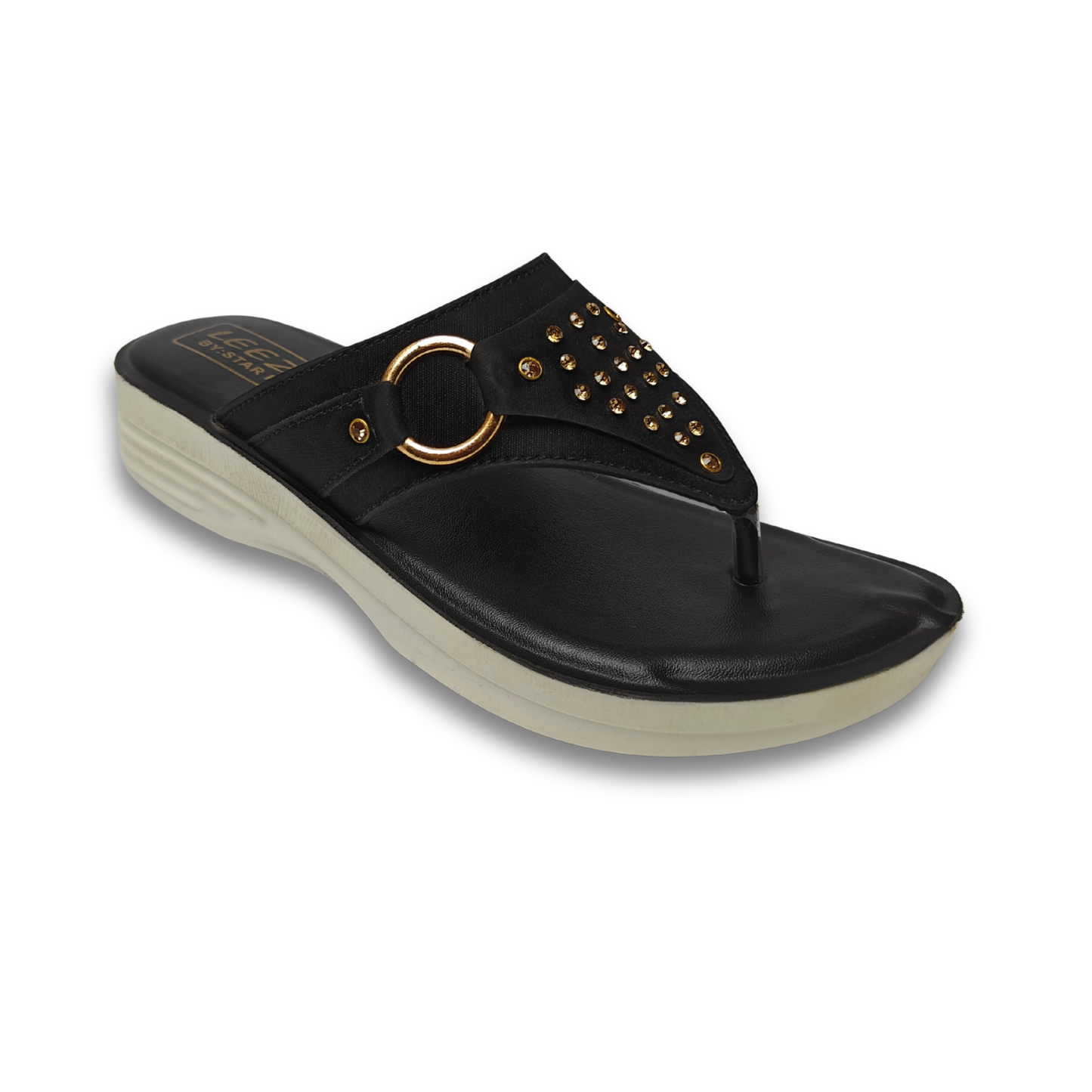 Black sandal with gold accents on a white background